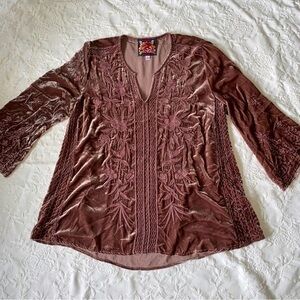 Johnny Was Love Brown Floral Embroidered Velvet Top Women's Size S Silk Blend